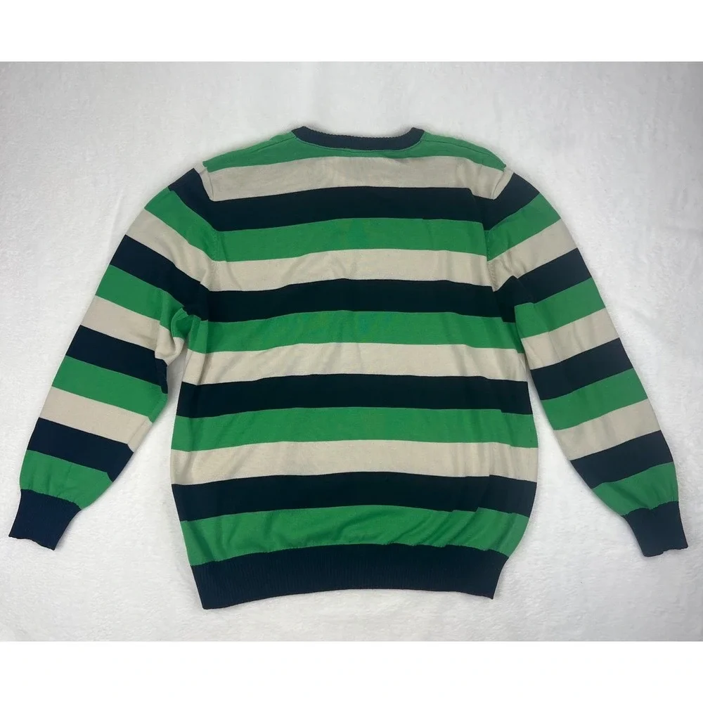 Timberland Mens V Neck Striped Sweater Green Navy Cream‎ XL Regular Fit Cotton